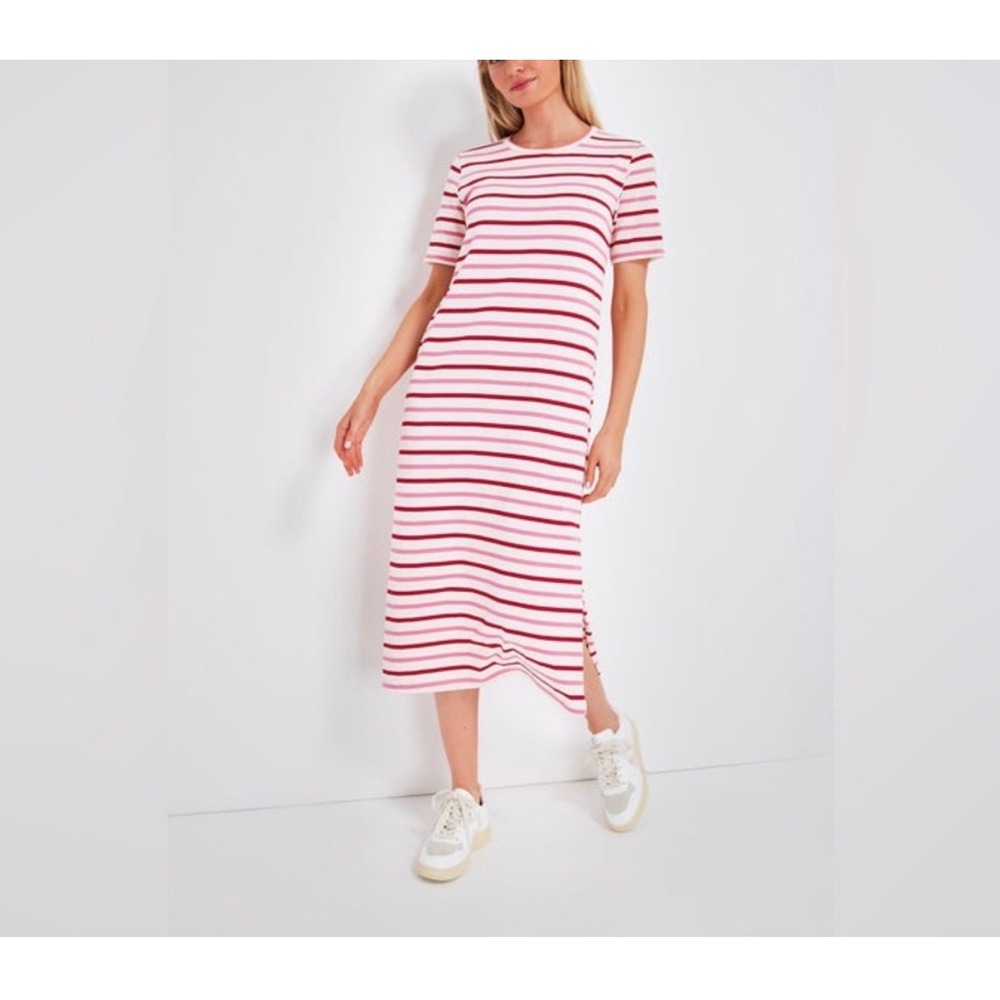 Pomander Place Gio T-Shirt Dress Women XS Pink Red Striped Cotton Short Sleeve